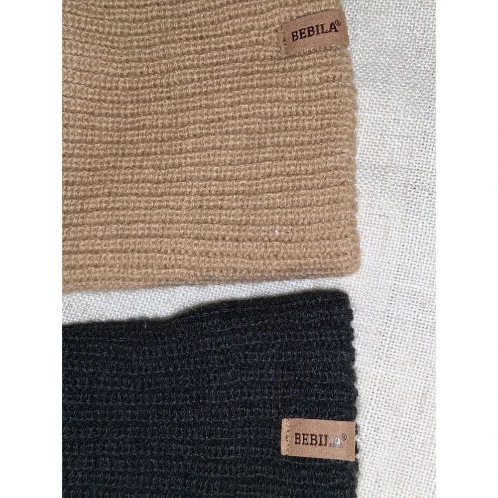 Bebila Kids Beanie Hat Set 2 Pack Black Tan Ribbed Knit Acrylic Winter Caps